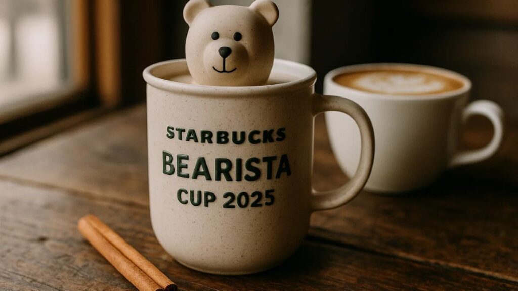 “Close-up of Starbucks Bearista Cup 2025 on a café table next to a latte.”