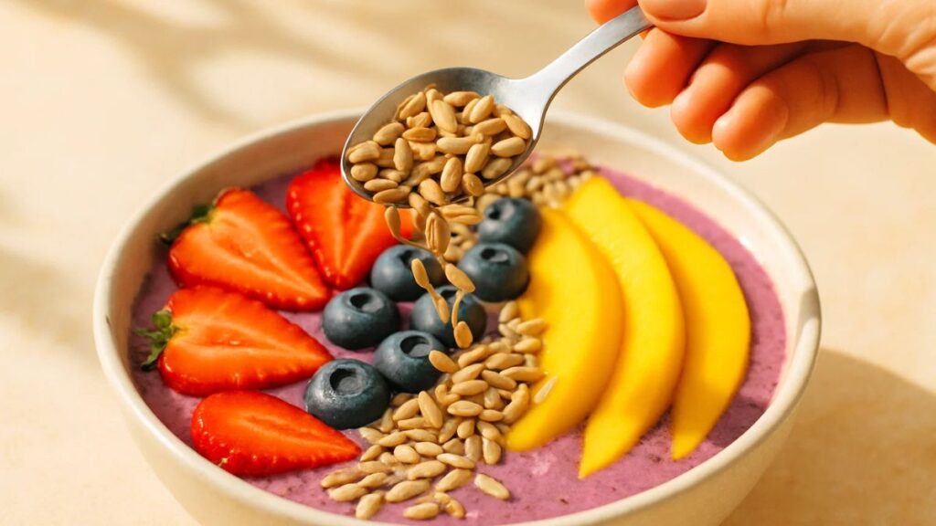 “Sunflower seeds added to a smoothie bowl with fruits, highlighting skin, hair, and immune benefits.”