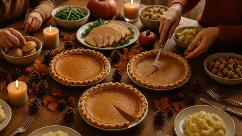 “Thanksgiving table featuring Libby’s pumpkin pies, autumn decorations, and family-style dishes in cozy kitchen.”