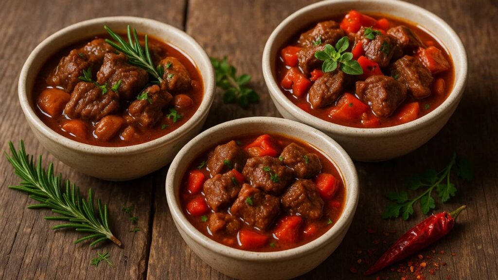 “Three bowls of beef stew with different seasoning variations: smoky, Mediterranean, and spicy.”