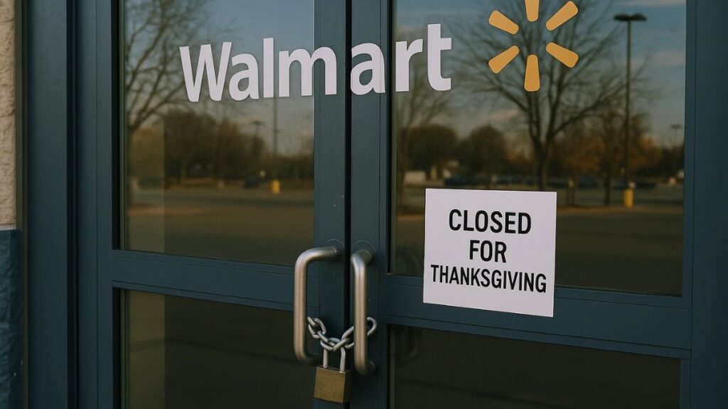 “Walmart door with Thanksgiving closure sign in natural daylight.”