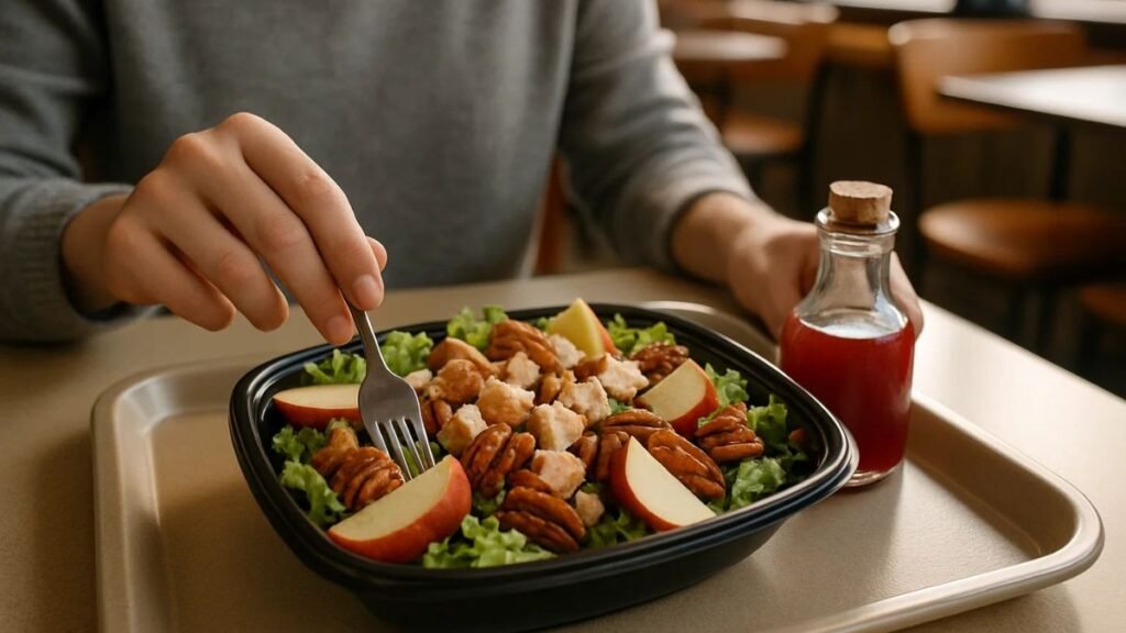 “Wendy’s Apple Pecan Salad served with pomegranate vinaigrette showing portion size and nutritional balance”