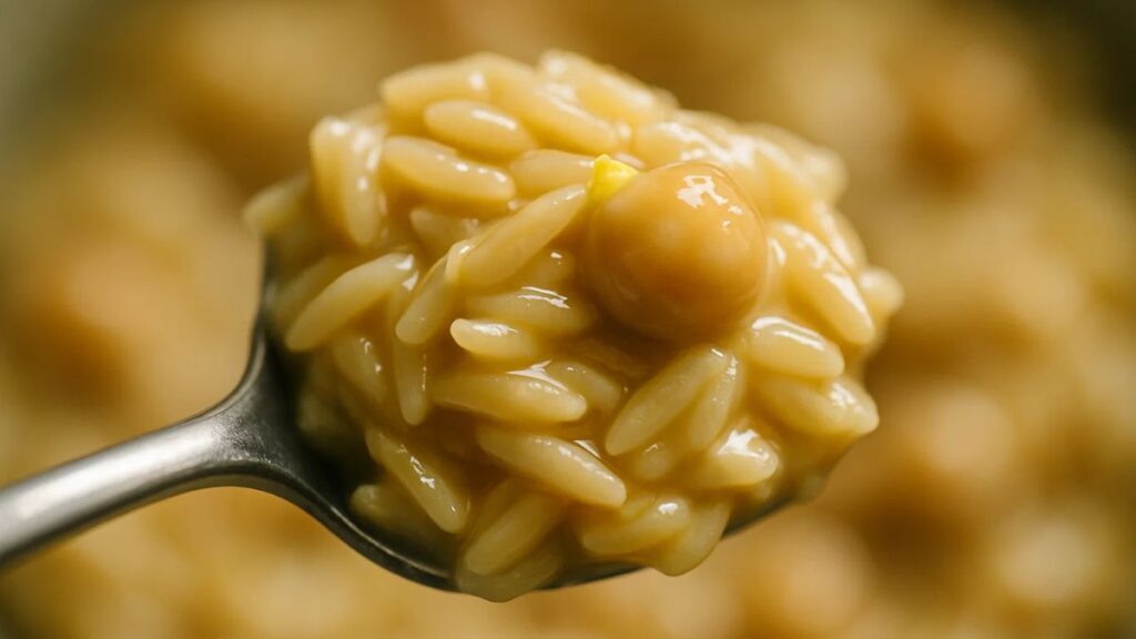 Close-up of a spoonful of creamy chickpea orzo showing glossy sauce, chickpeas and lemon zest.