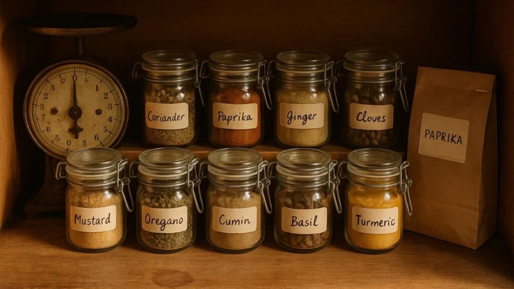 Wooden pantry shelf with labeled jars of spices including chipotle seasoning.