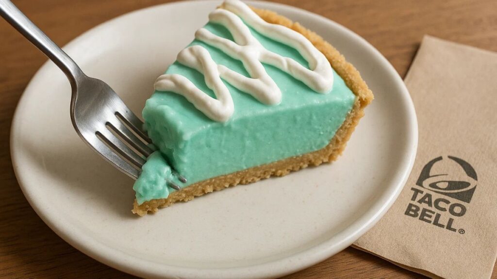 creamy turquoise filling inside Taco Bell’s Baja Blast Pie