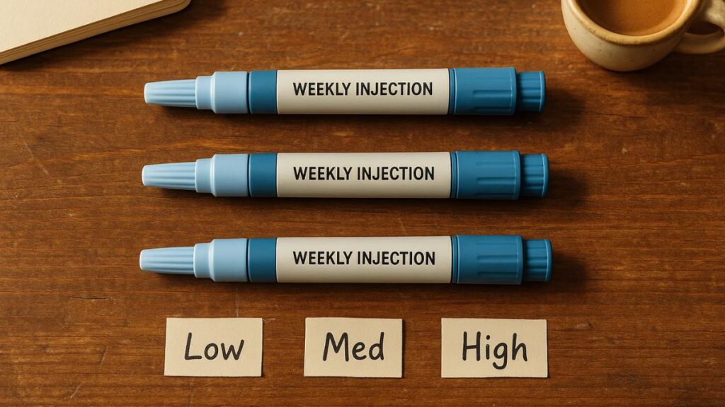 Three weekly-dose pens labeled low, medium, and high to illustrate dose comparison.