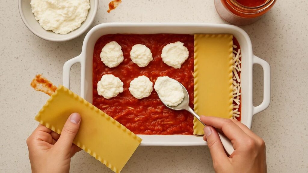 hands layering ricotta and sauce into a baking dish of lasagna
