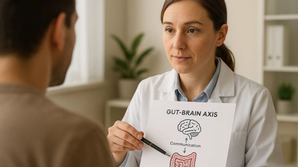 Clinician explaining gut–brain hormone pathways while pointing at a diagram