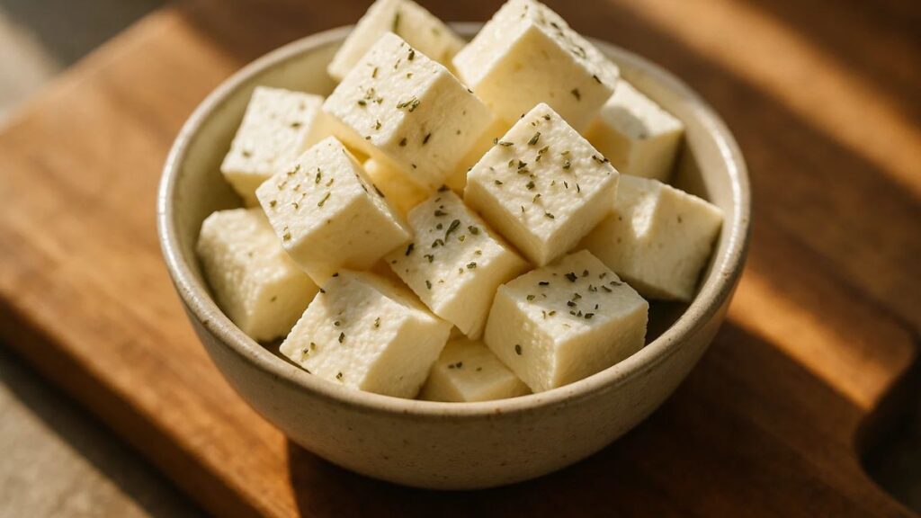 “Fresh paneer cubes in a bowl, high-protein vegetarian food.”