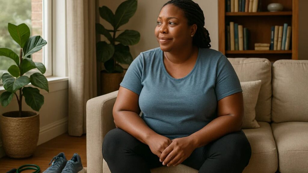 Patient smiling softly after weight loss while seated in their living room.