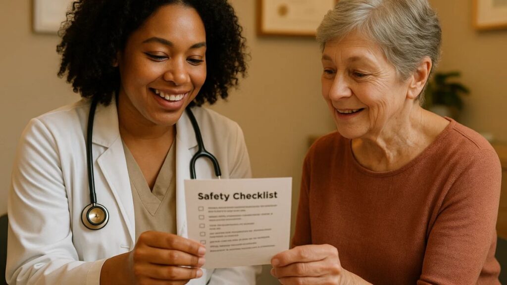 Clinician reviewing a tirzepatide safety checklist with a patient.