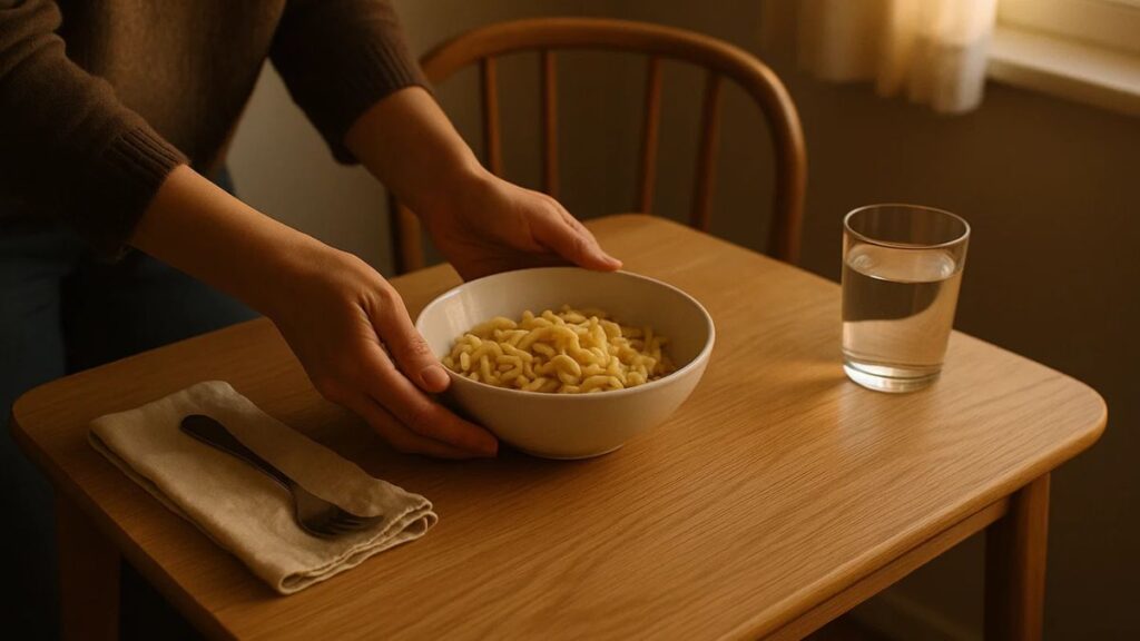 Hands placing a bowl of creamy chickpea orzo on a small kitchen table, ready to eat.