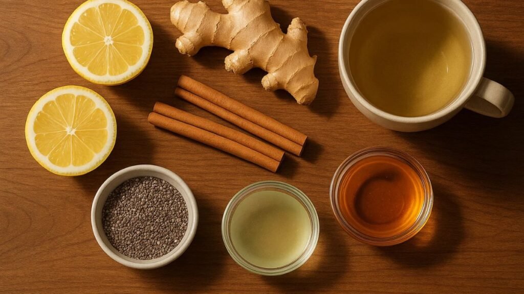 “All-natural GLP-1-supporting ingredients laid out on a wooden table for a natural Mounjaro-inspired weight loss recipe.”