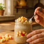 Apple chia pudding in a jar with fresh apples and cinnamon, photographed in natural light for a healthy breakfast feature