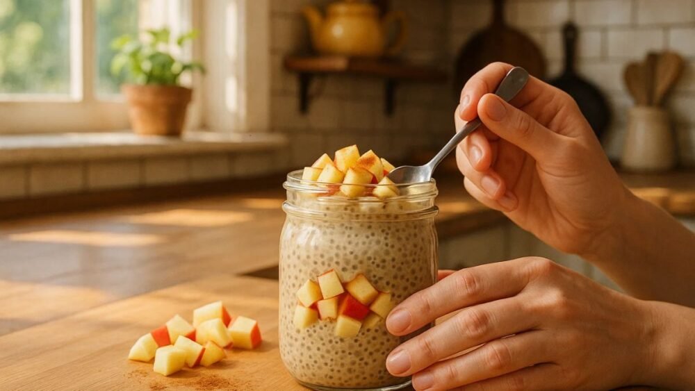Apple chia pudding in a jar with fresh apples and cinnamon, photographed in natural light for a healthy breakfast feature