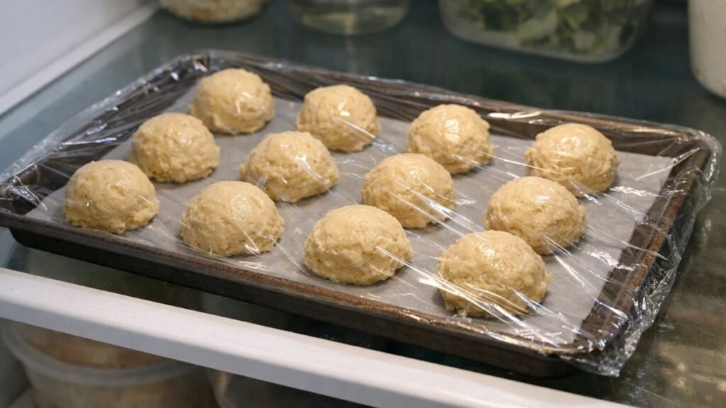“Chipless cookie dough chilling in refrigerator before baking”
