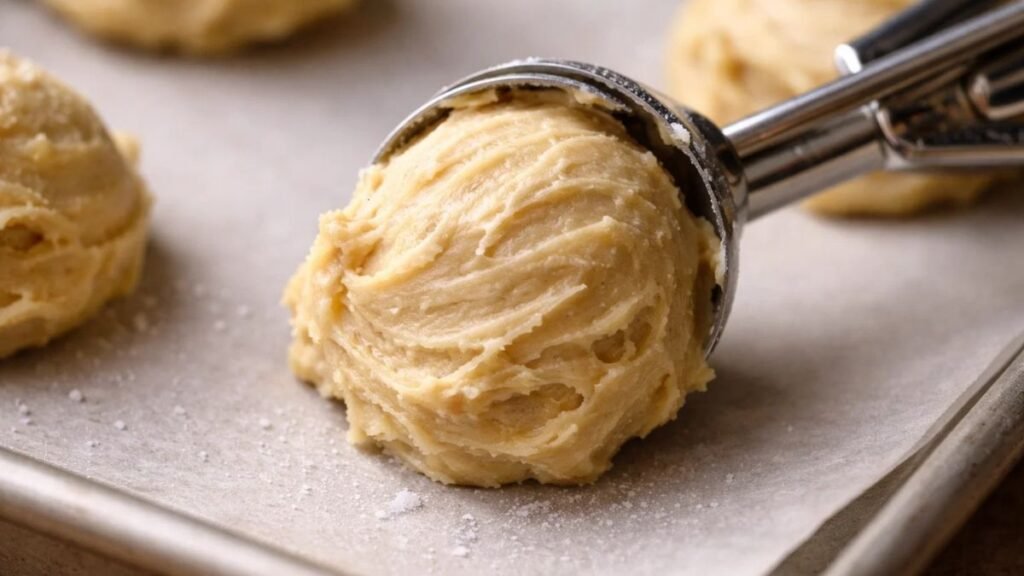 Chipless cookie dough scooped on baking tray showing smooth buttery texture