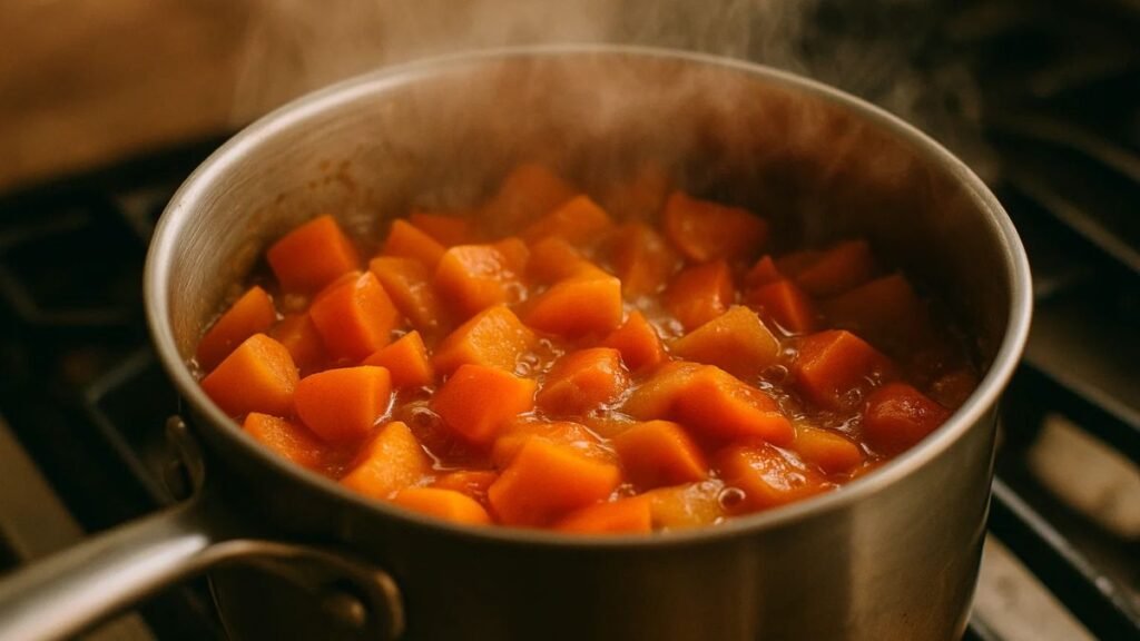 “Chopped persimmons simmering in pot to extract juice for jelly”