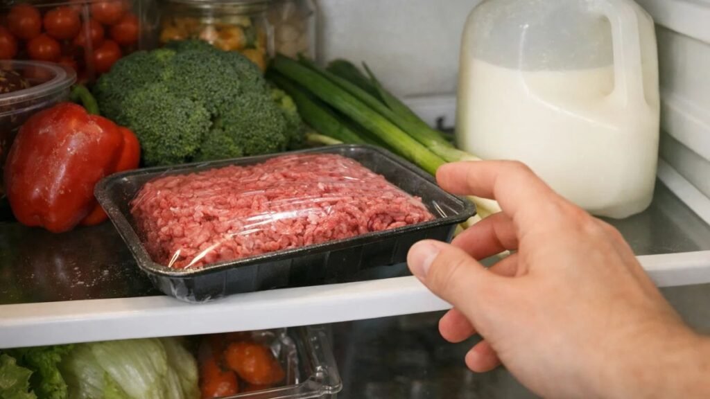Consumer checking ground beef in refrigerator after recall announcement