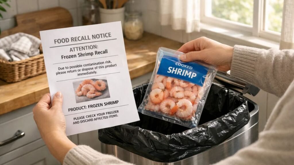 “Consumer safely disposing of recalled shrimp following food safety guidance”