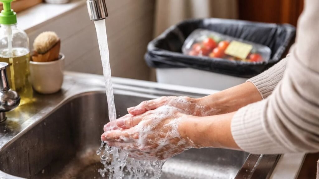 Consumer washing hands after disposing of recalled ground beef