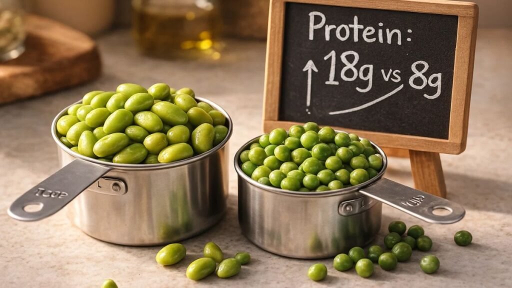 “Cooked edamame and green peas in cups with protein content displayed, highlighting plant-based protein comparison”