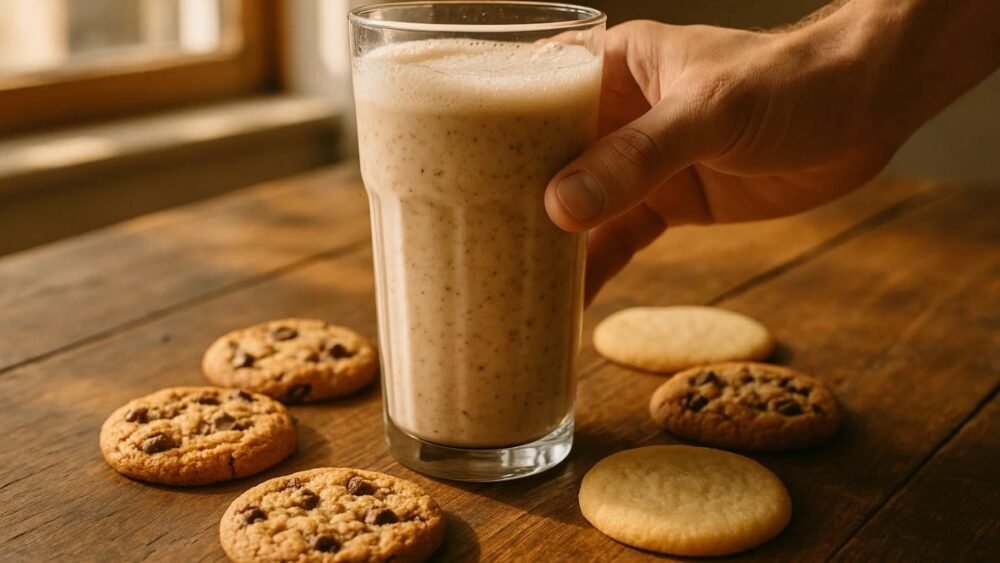 Glass of creamy cookie milk with chocolate chip and sugar cookies, warm sunlight, rustic table setting