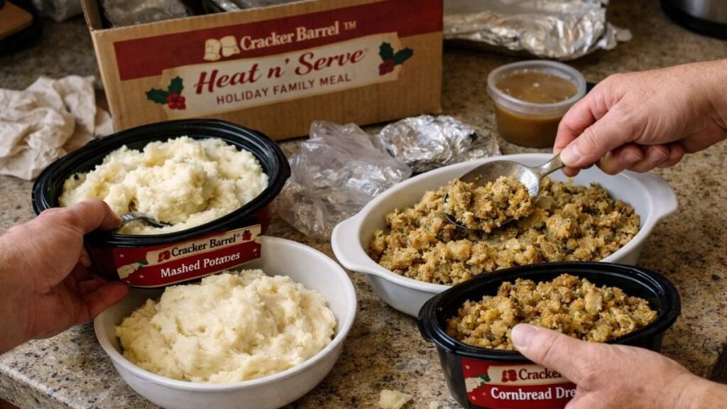 Cracker Barrel holiday meal containers being prepared at home for a family gathering
