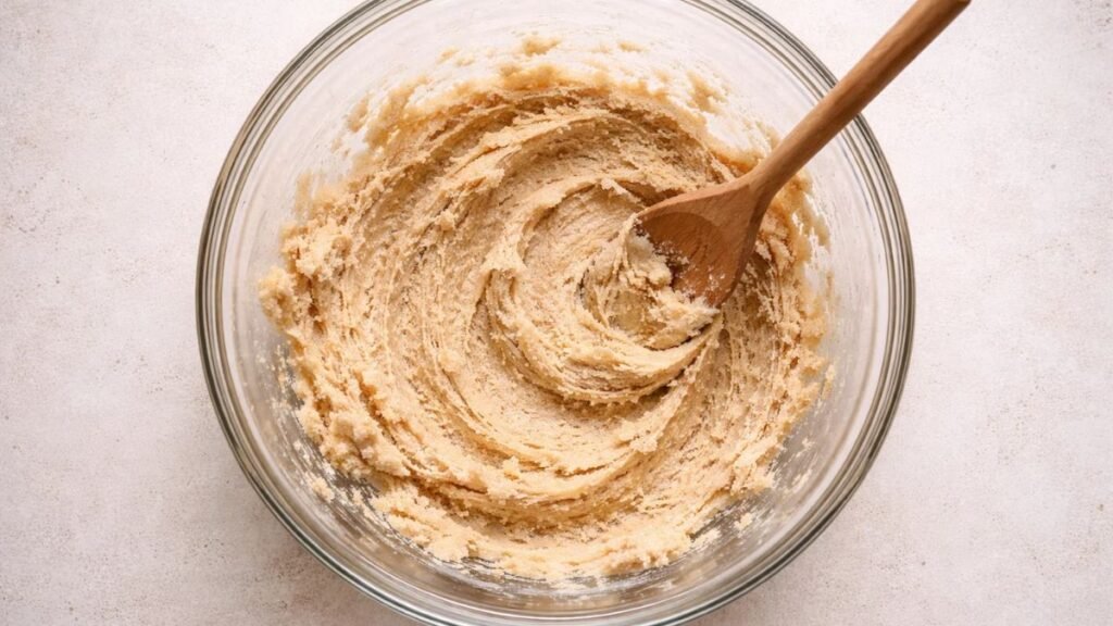 “Creamed butter and brown sugar mixture for soft chipless cookies”
