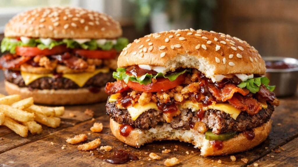 Crispy Onion Whopper with bacon, BBQ sauce, and fresh vegetables, freshly prepared and partially eaten.