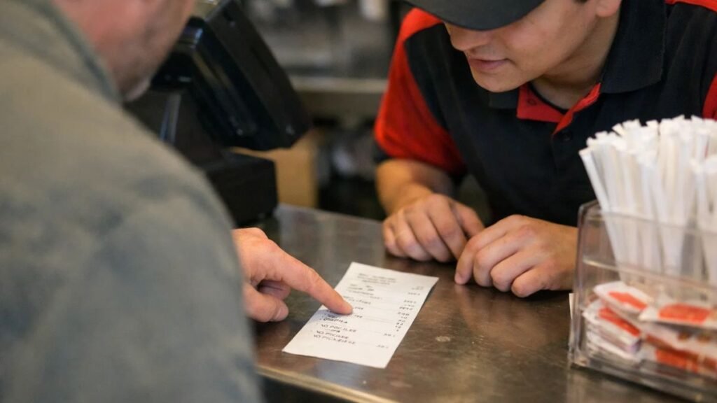 Customer reviewing fast food receipt with special order instructions