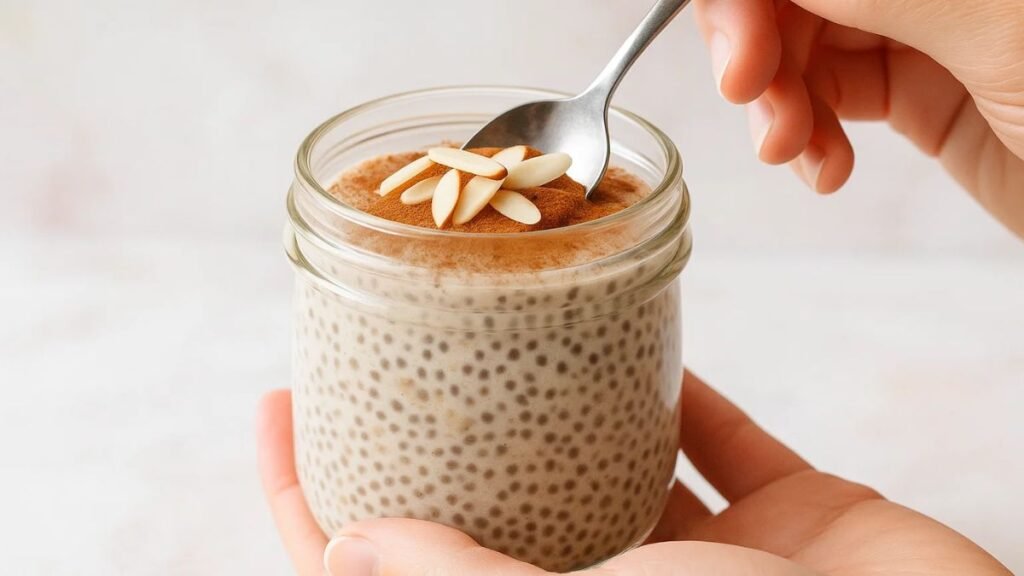 Dairy-free apple chia pudding made with almond milk, cinnamon, and almonds