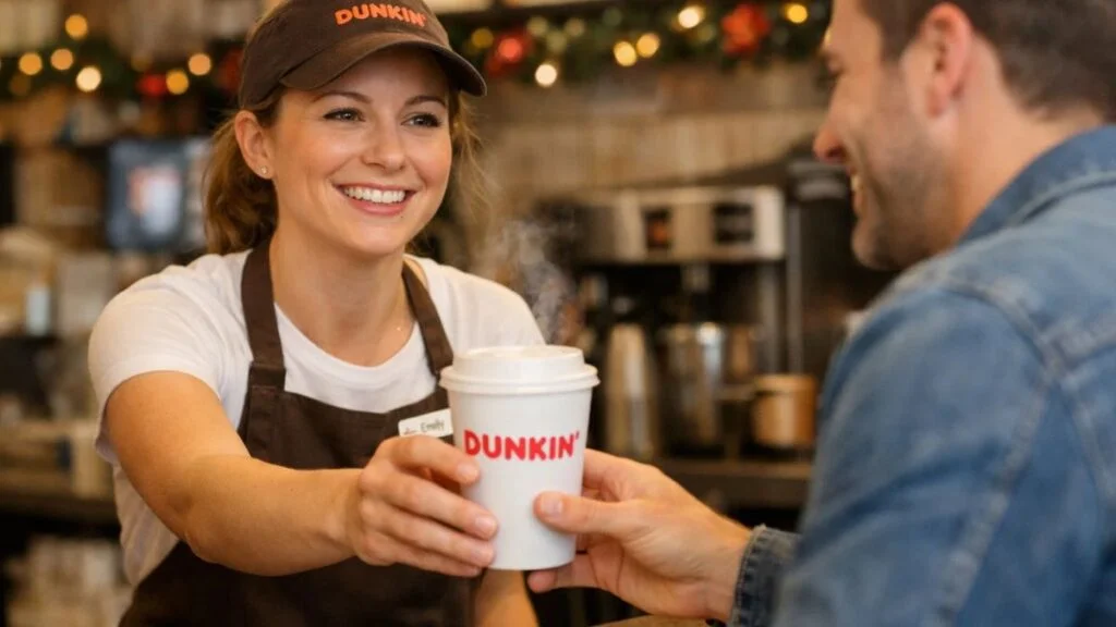“Dunkin barista giving free coffee to a customer on December 29”