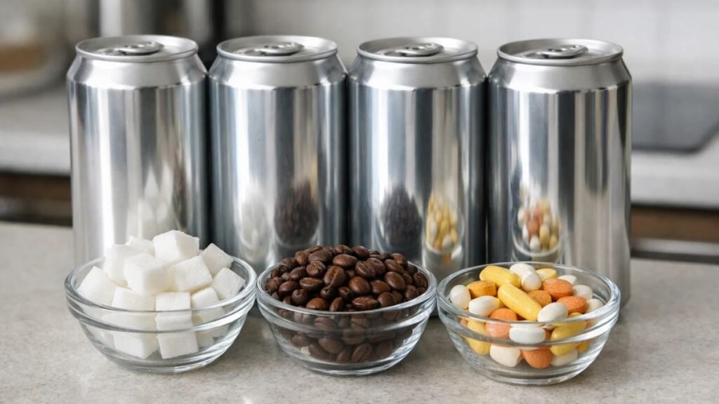 “Energy drink ingredients shown visually with caffeine, sugar, and supplements”