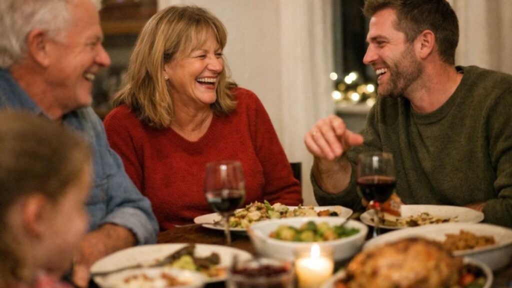 Family enjoying a relaxed holiday dinner together around the table