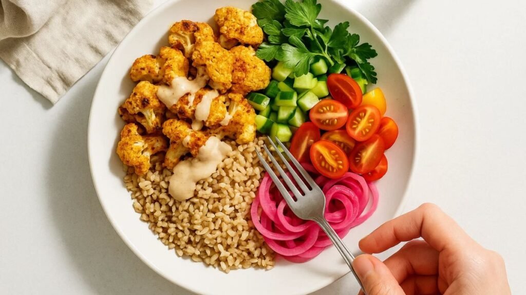 “Finished cauliflower shawarma bowl with roasted cauliflower, grains, fresh vegetables, herbs, and tahini sauce.”