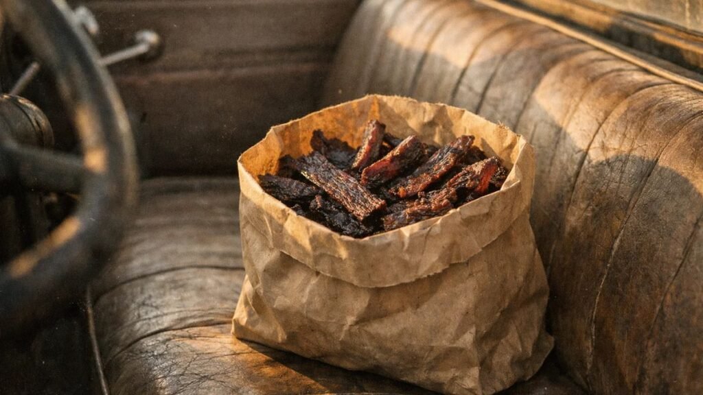 Finished homemade deer jerky stored traditionally in a paper bag