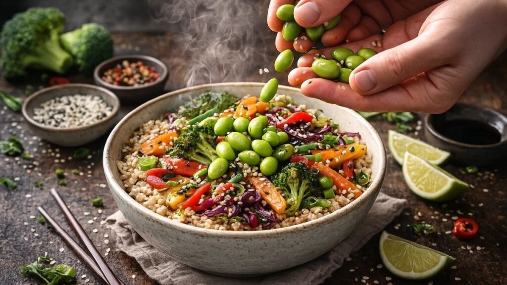 “Fresh edamame stir-fry bowl with vegetables and grains, ideal for plant-based meals”