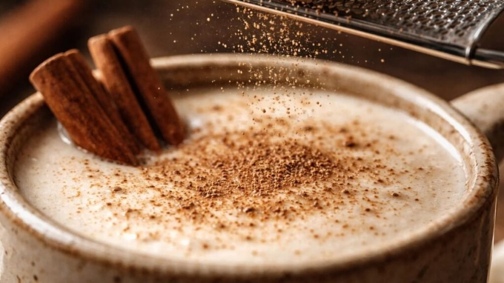 Fresh nutmeg grated over halal cinnamon eggnog