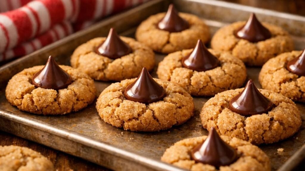 “Freshly baked 3-ingredient peanut butter blossoms cookies on a baking sheet with chocolate kisses”