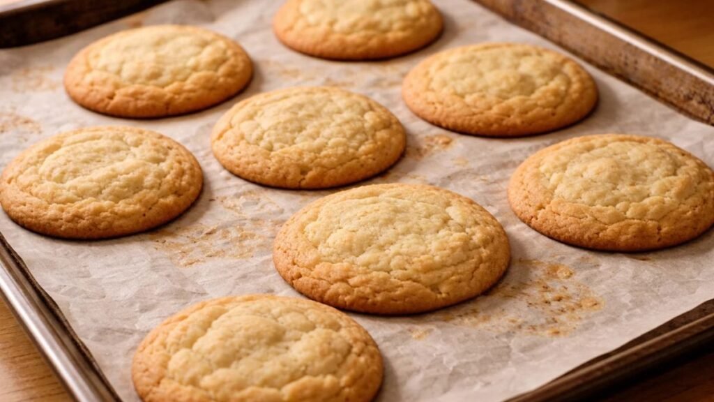 “Freshly baked chipless cookies with soft centers on baking tray”