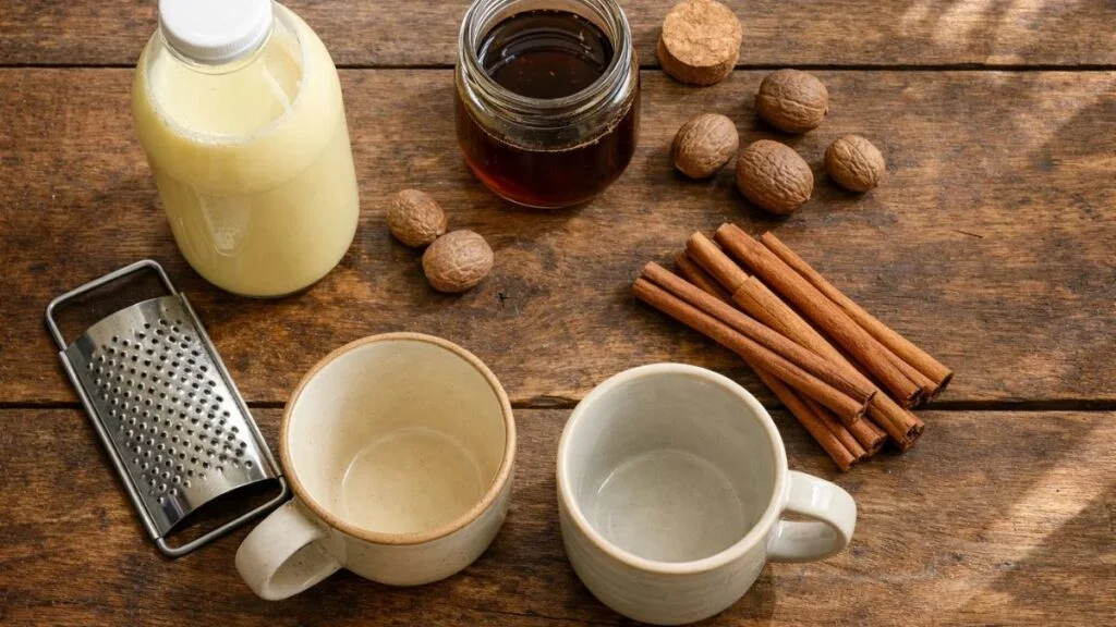 Halal cinnamon eggnog ingredients laid out on a kitchen table