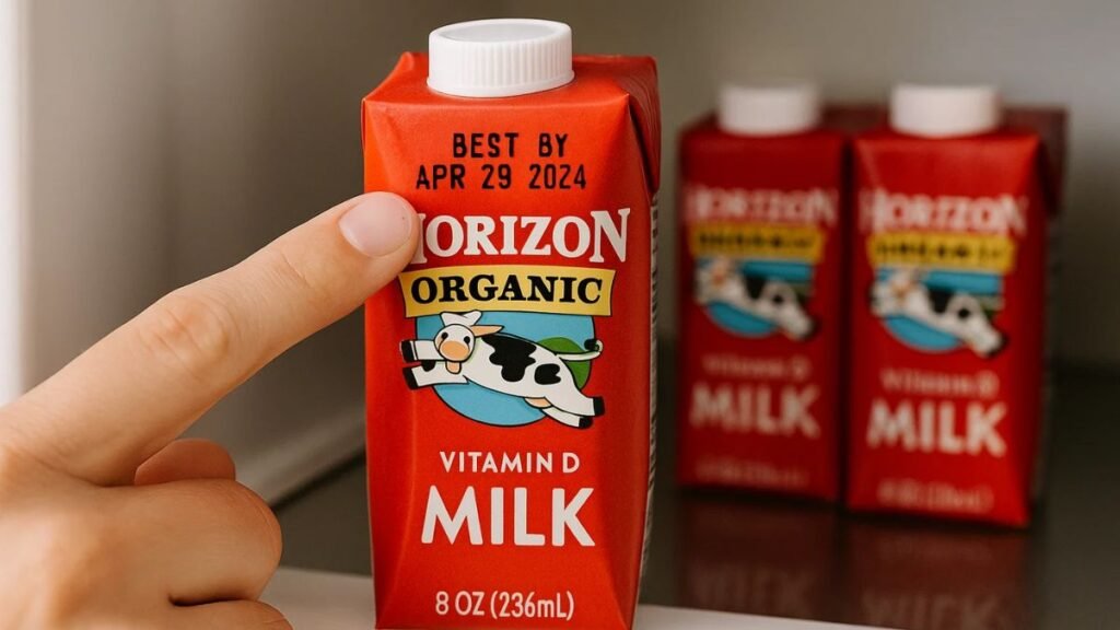 "Hand pointing to Best By date on Horizon Organic milk carton during recall check."