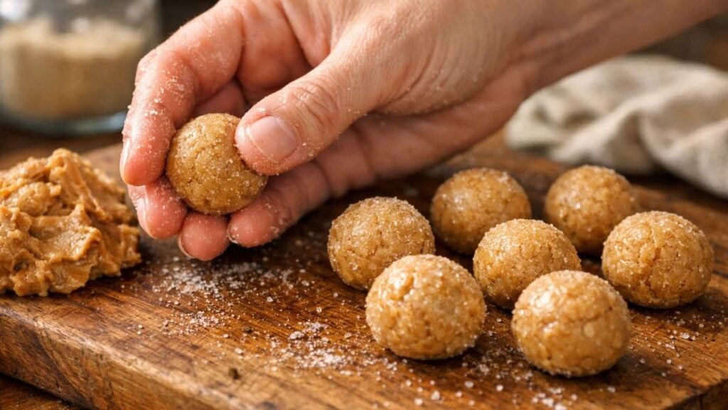 “Hand rolling 3-ingredient peanut butter cookie dough into small balls on a cutting board”