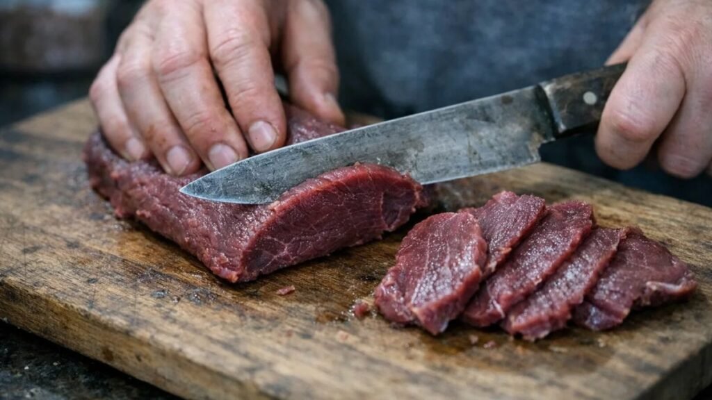 Hand-slicing venison for traditional old-school deer jerky preparation
