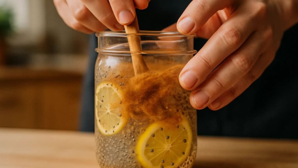 “Hands preparing a natural Mounjaro-inspired GLP-1 Booster Blend, showing step-by-step drink preparation for weight loss.”