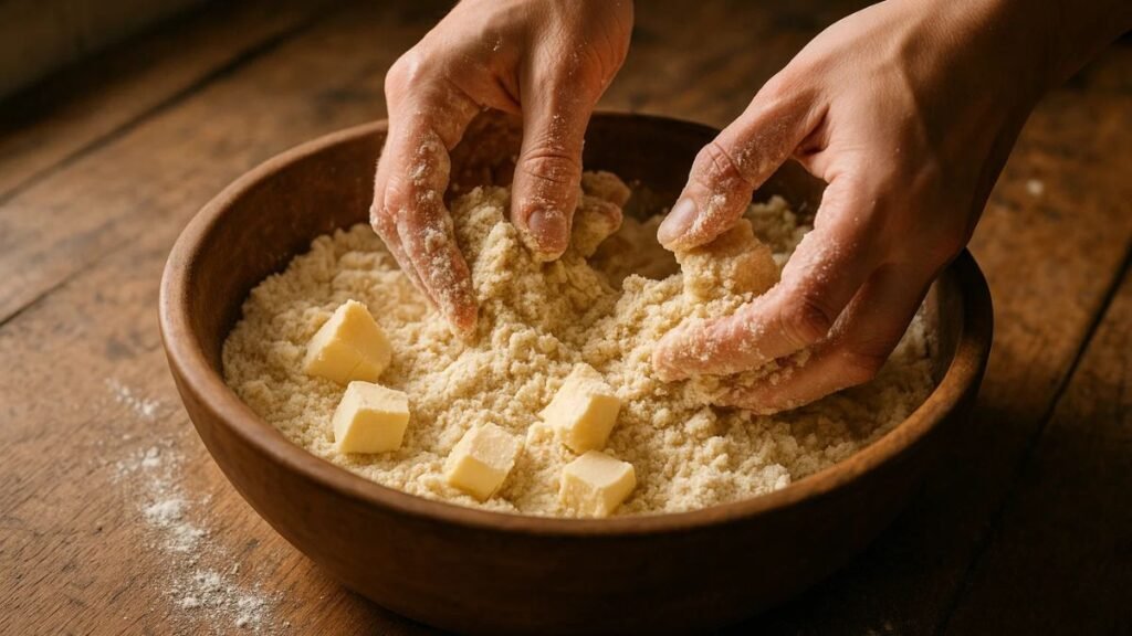 “Hands preparing crumb topping for pumpkin spice crumble cake in a rustic kitchen”