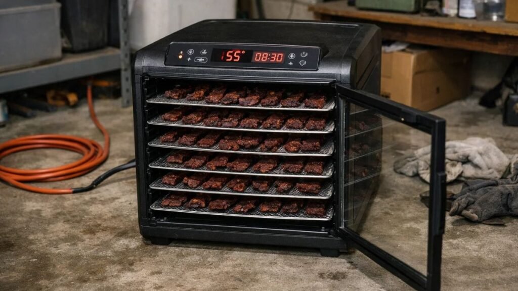 Homemade deer jerky drying in a home dehydrator in 2025