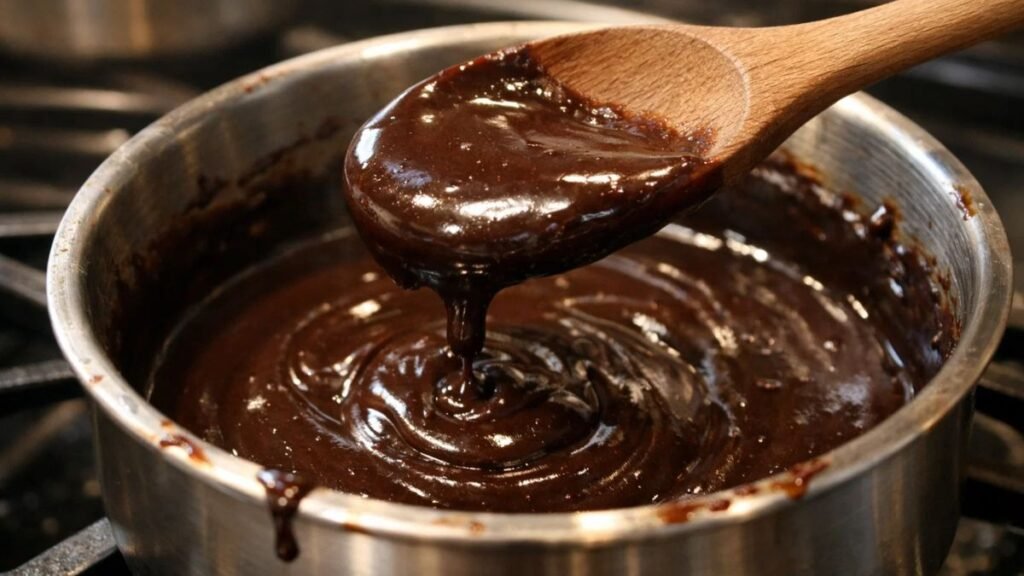 Homemade hot fudge sauce thickening in a saucepan on the stove