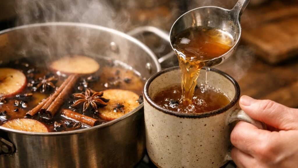 Homemade non-alcoholic spiced apple cider simmering with cinnamon and cloves